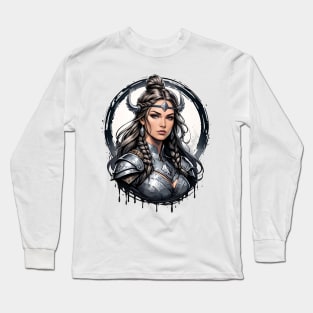 Valkyrie viking female warrior retro vintage cartoon design Long Sleeve T-Shirt